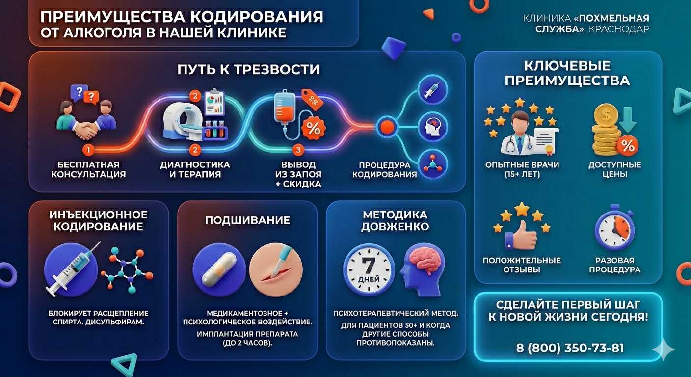 Инфографика о методах кодирования от алкоголя в Сургуте: инъекции, подшивание, метод Довженко. Преимущества клиники и этапы лечения.