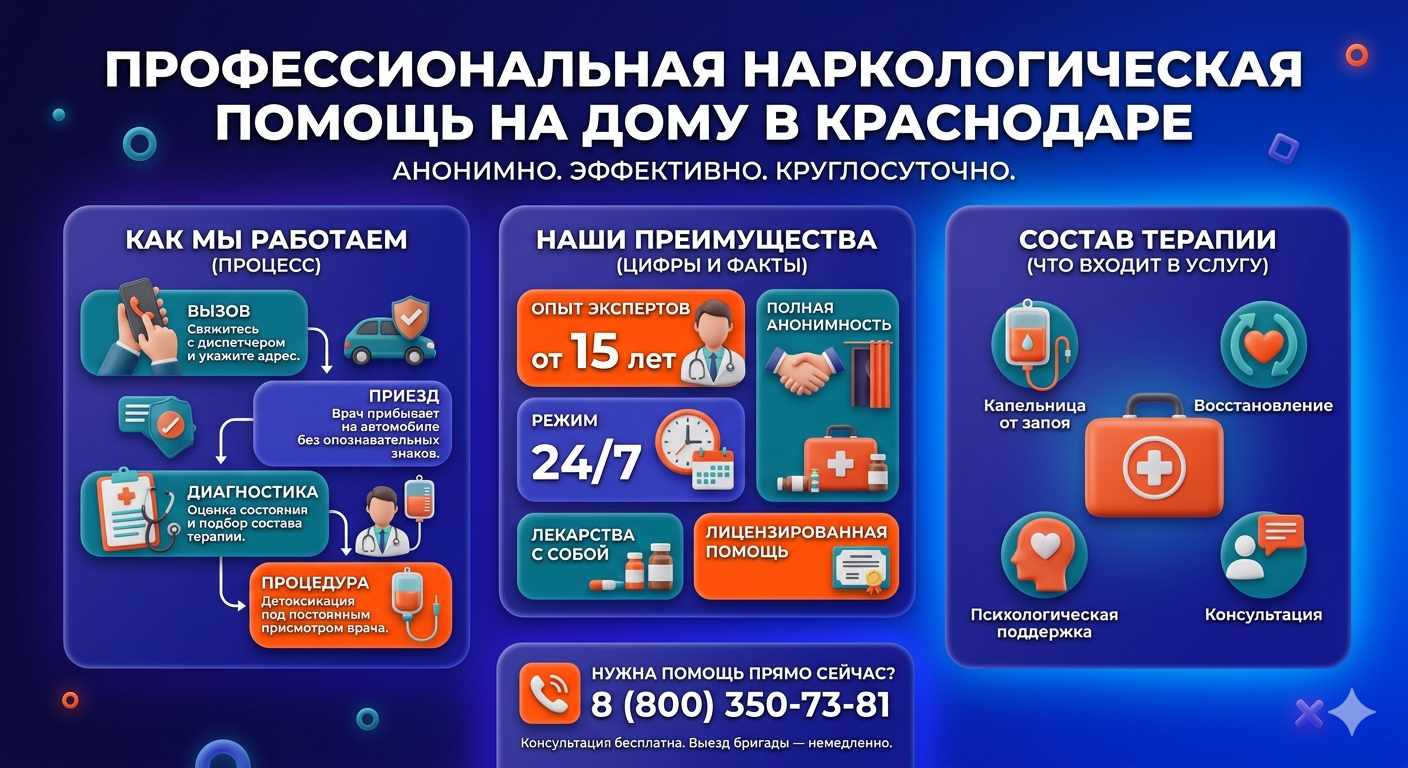 Инфографика о принципах лечения алкоголизма на дому в Сургуте: этапы вызова нарколога, преимущества анонимной детоксикации и состав медицинской помощи.